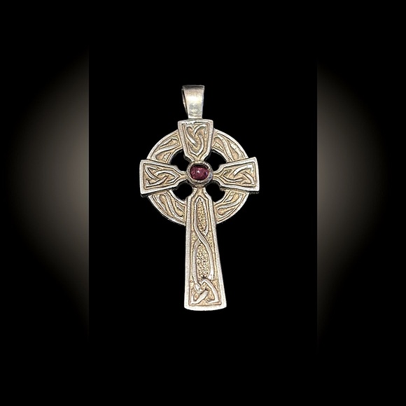 Source Unknown Jewelry - COPY - * Rare unidentified Stamp Garnet Stone Celtic Cross Pendant